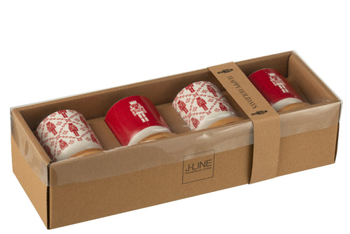 J-Line koffietas + schoteltje Notenkraker - bamboe/keramiek - rood - giftbox van 4 stuks