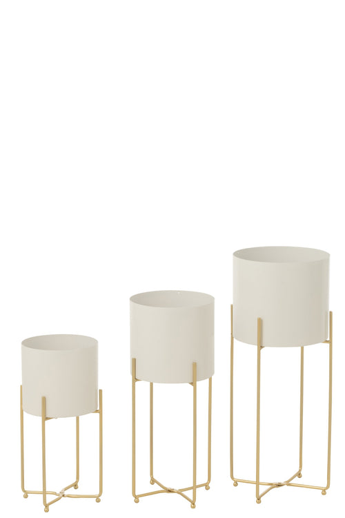 J-Line bloempot Rond - ijzer - goud/wit - set van 3