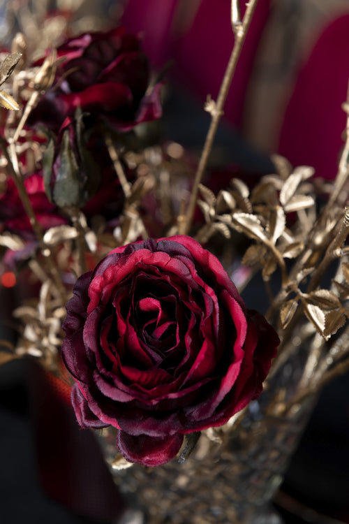 J-Line bloem Rozenstruik 3 Bloemen + Knoppen - kunststof - rood/goud