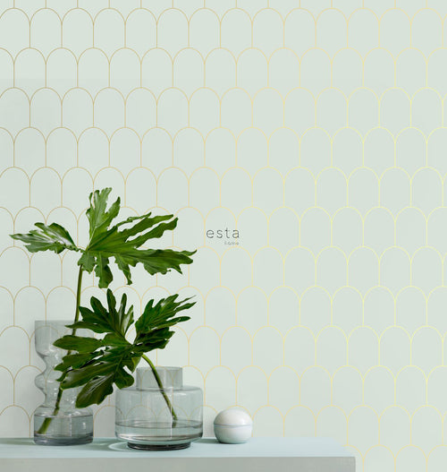 ESTAhome behang art deco motief mintgroen en goud - 53 cm x 10.05 m - 139202
