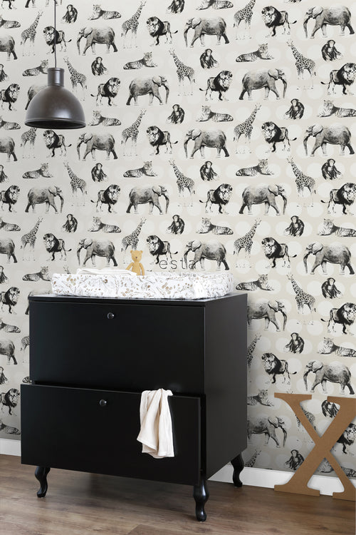 ESTAhome behang dieren met stippen glanzend wit en zwart - 53 cm x 10.05 m - 128712