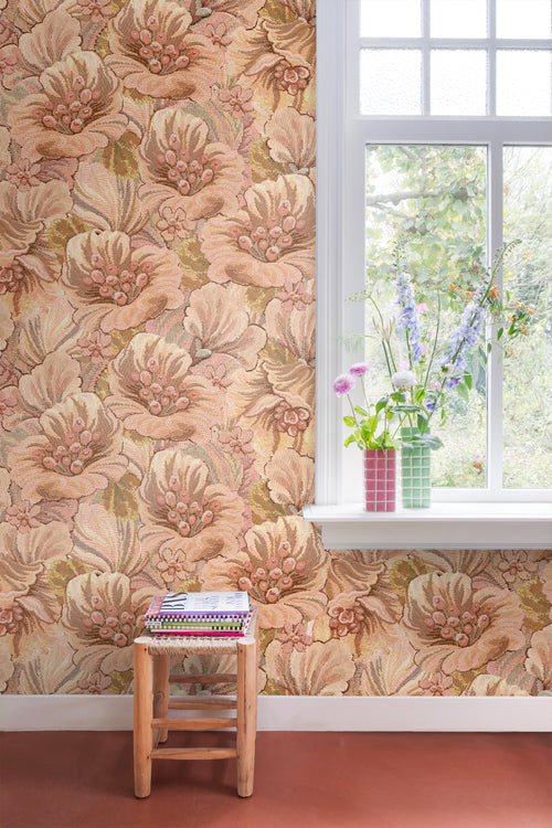 ESTAhome fotobehang geborduurd bloemmotief lichtbruin, beige en geel - 2.5 x 2.79 m - 159536