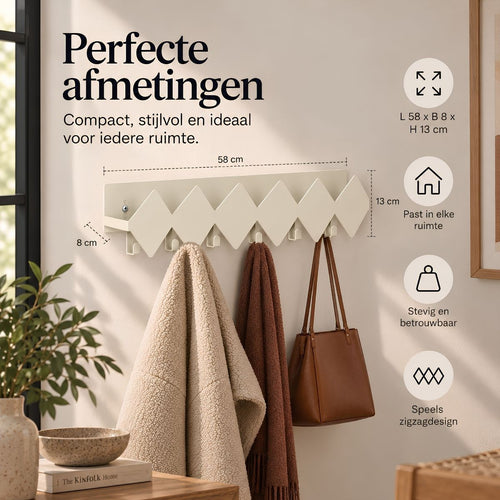 Mica Decorations Cello Kapstok Off White - Wandkapstok met Zigzagdesign - Gemaakt van Stevig IJzer - Ideaal voor Jassen, Tassen en Accessoires - 58 x