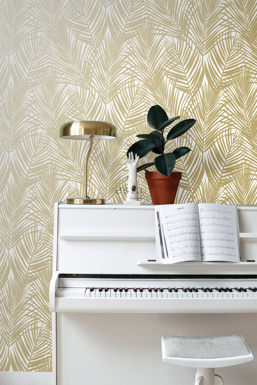 ESTAhome behang palmbladeren goud en wit - 53 cm x 10.05 m - 139301