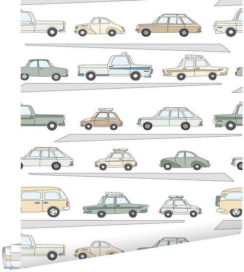 ESTAhome behang auto's vergrijsd groen, grijs en beige - 50 x 900 cm - 139537