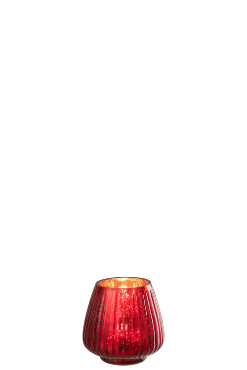 J-Line theelichthouder Geribbeld - glas - rood - 4 stuks