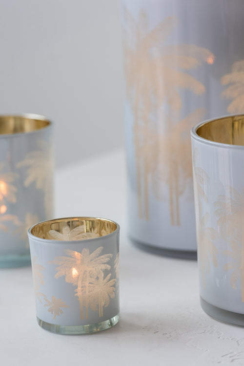 J-Line theelichthouder Palmbomen - glas - blauw/goud - small - 3 stuks