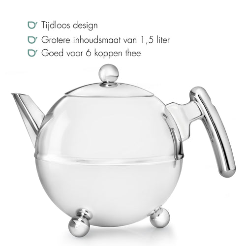 Bredemeijer - Duet® Bella Ronde – Dubbelwandige Theepot – 1,5 liter - RVS - Chroom beslag