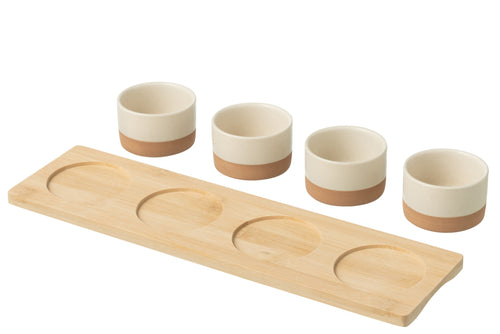 J-Line tapasplank 4 kommen + bambouschaal In Doos - keramiek/hout - wit/naturel