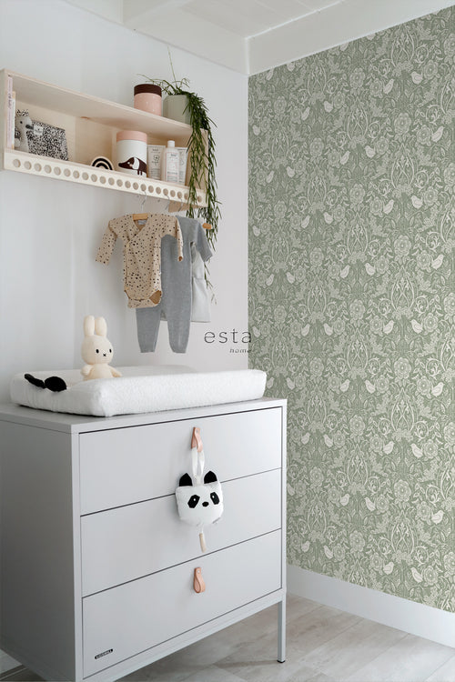 ESTAhome behang bloemen en vogels in art nouveau stijl vergrijsd groen - 53 cm x 10.05 m - 139293