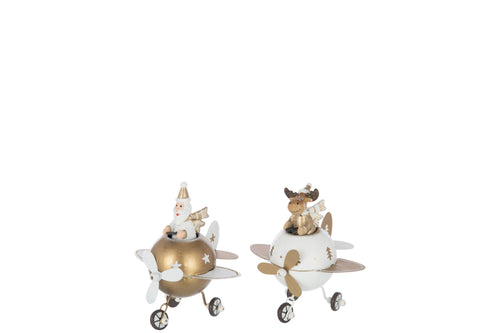 J-Line figuur Rendier + Kerstman In Vliegtuig - metaal - wit/goud - small - 2 stuks