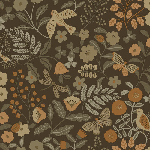 ESTAhome behang bloemen en vogels vergrijsd groen, bruin en okergeel - 50 x 900 cm - 131466 - vtwonen shop