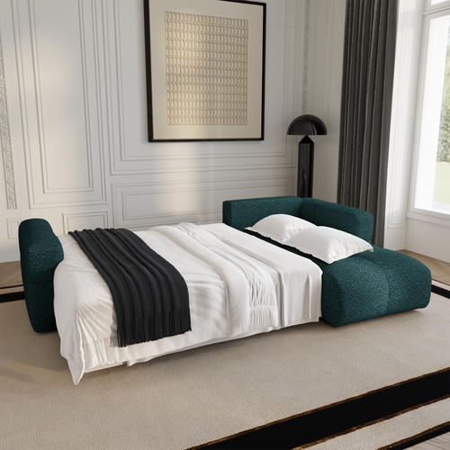 Premium Interiors - Rechthoekige hoekbank met slaapfunctie en opbergruimte VIBE - bouclé-stof eendblauw 286cm