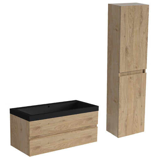 LOMAZOO badmeubelset Avalon - met hoge kast & zwarte wastafel - licht eiken - 100 cm