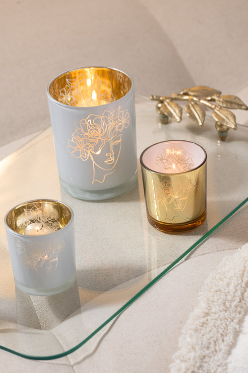 J-Line windlicht Dame Haar Bloemen - glas - wit/goud - large - 2 stuks