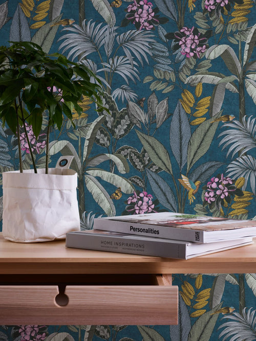 Livingwalls behang bosrijk landschap blauw, groen, geel en roze - 53 cm x 10.05 m - AS-387383