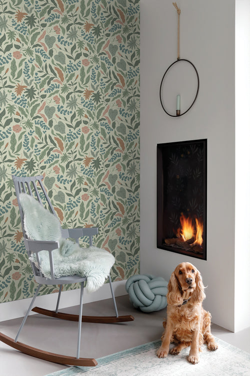 ESTAhome behang bladeren en bloemen donkergroen, blauw en roze - 50 x 900 cm - 131053 - vtwonen shop