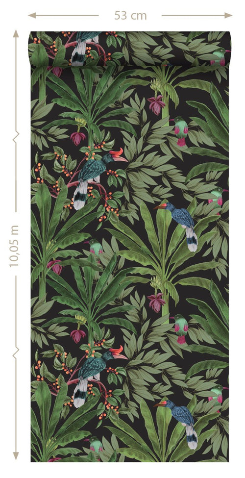 ESTAhome behang tropische jungle bladeren zwart en jungle groen - 53 cm x 10.05 m - 139190