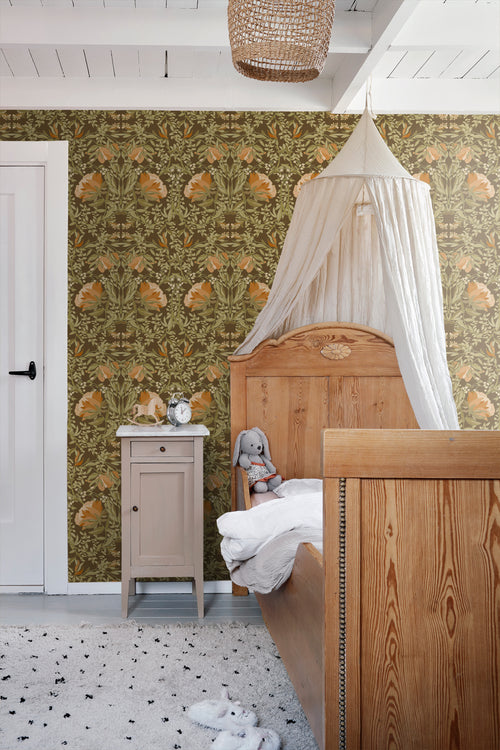 ESTAhome behang vintage bloemen in art nouveau stijl groen en oranje - 50 x 900 cm - 131730