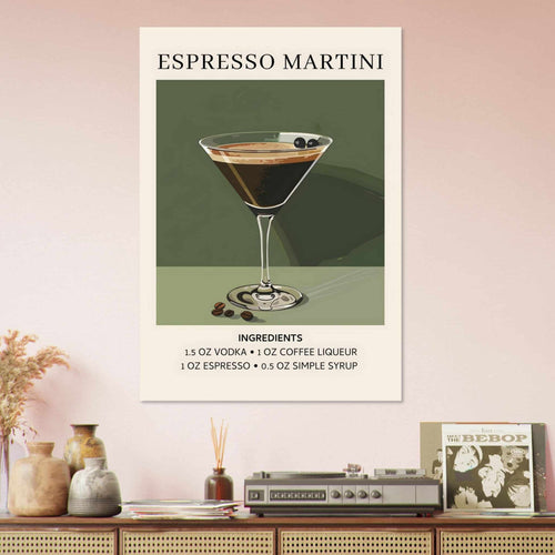 Artfulprints Poster met Lijst Espresso Martini cocktail - Ingrediënten   - 70x100 cm - Donkergroen