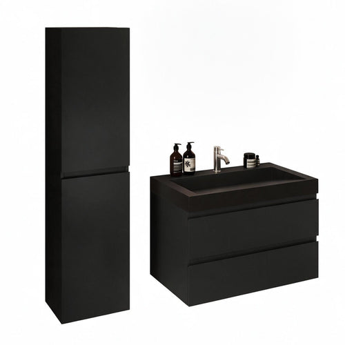 LOMAZOO badmeubelset Azuro - met kolomkast & zwarte wastafel - mat zwart - 80 cm