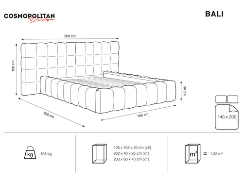 Cosmopolitan Design Opbergbed met dubbel hoofdbord Bali 140x200cm, flueel, zwart - 230x200x100cm