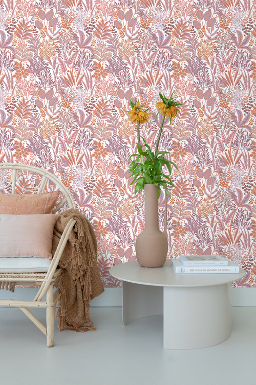 ESTAhome behang tropische bladeren en bloemen oranje en paars - 50 x 900 cm - 131667