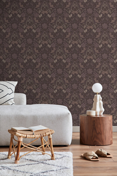 ESTAhome behang bloemen en vogels mauve paars - 53 cm x 10.05 m - 131208