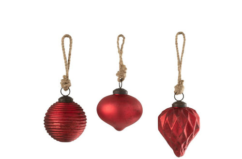 J-Line kerstbal Geoxideerd - glas - rood - small - 3 stuks