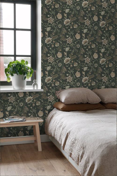 ESTAhome behang vintage bloemen zwart en groen - 53 cm x 10.05 m - 139417