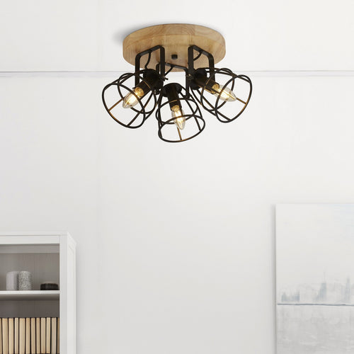 Vision Ronde hanglamp met 3 lampen, mat zwart en hout