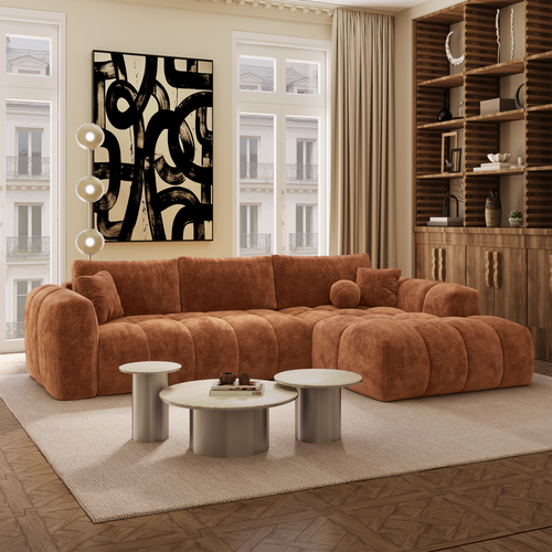 Premium Interiors - Rechthoekige hoekbank met slaapfunctie en opbergruimte SKY - gewaafd fluweel terracotta 310cm