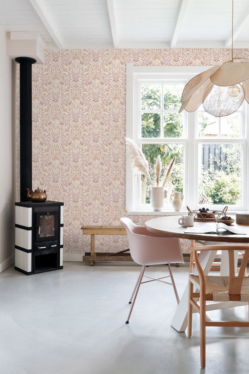 ESTAhome behang bloemen en vogels zand beige en lila paars - 53 cm x 10.05 m - 139829
