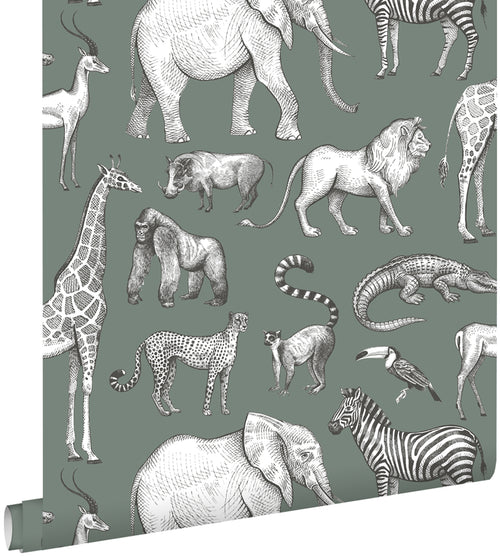 ESTAhome behang jungle dieren vergrijsd groen - 53 cm x 10.05 m - 139513