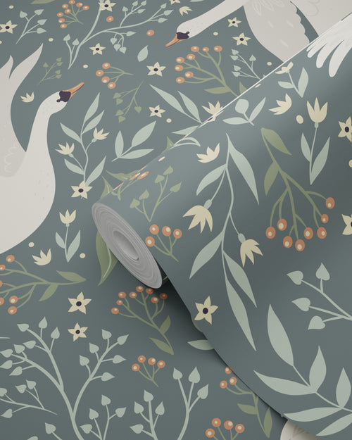 ESTAhome behang zwanen vergrijsd blauw en wit - 53 cm x 10.05 m - 139798