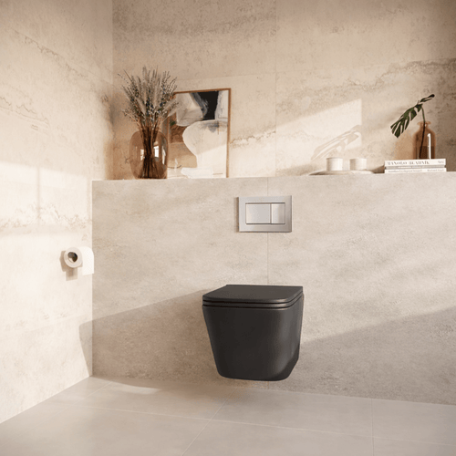 LOMAZOO hangtoiletset Linea - met inbouwreservoir & vierkante drukplaat - vierkant - chroom / zwart