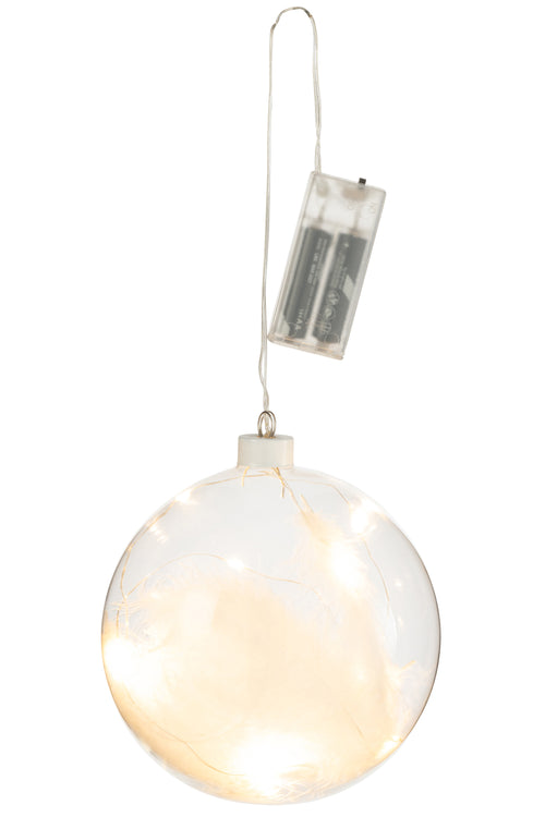 J-Line decoratie Bal Pluimen - glas - wit - large - 6 stuks - LED lichtjes