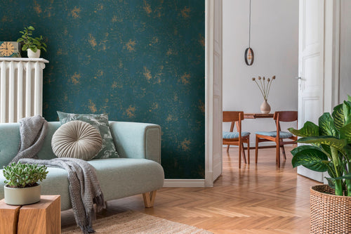 A.S. Création behang met structuur blauw, turquoise en goud - 53 cm x 10.05 m - AS-388326