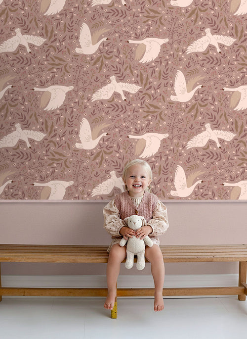 ESTAhome behang zwanen mauve paars - 0.53 x 10.05 m - 131858