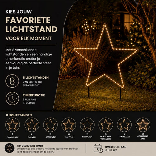 Luca Lighting Garden d'Light Ster Tuinsteker met Warm Witte LED-Verlichting - Kerstversiering met 8 Lichtstanden - Guirlande voor de Tuin -