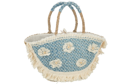 J-Line strandtas Bloemen + Franjes Denim - zeegras - naturel/blauw - vtwonen shop