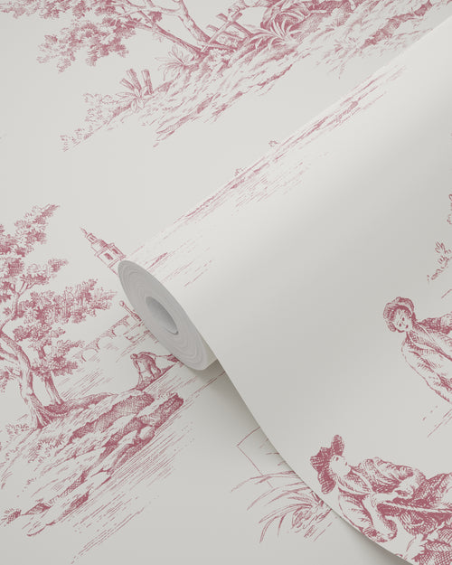 ESTAhome behang toile de jouy print bordeaux rood en wit - 50 x 900 cm - 132111