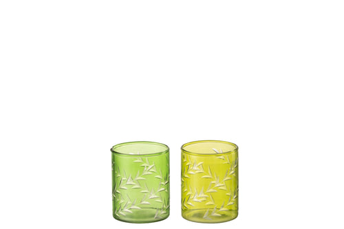 J-Line theelichthouder Bladeren - glas - groen - small - 2 stuks