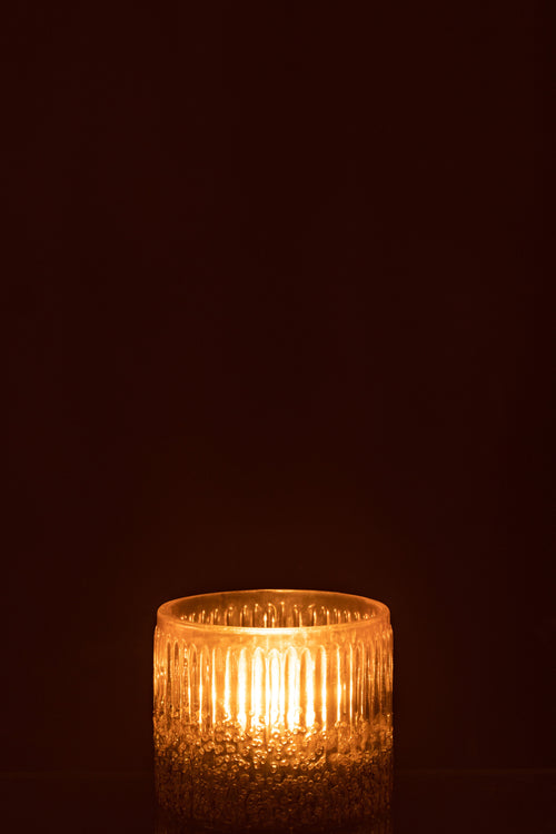 J-Line windlicht Geribbeld - glas - roze - small - 2 stuks