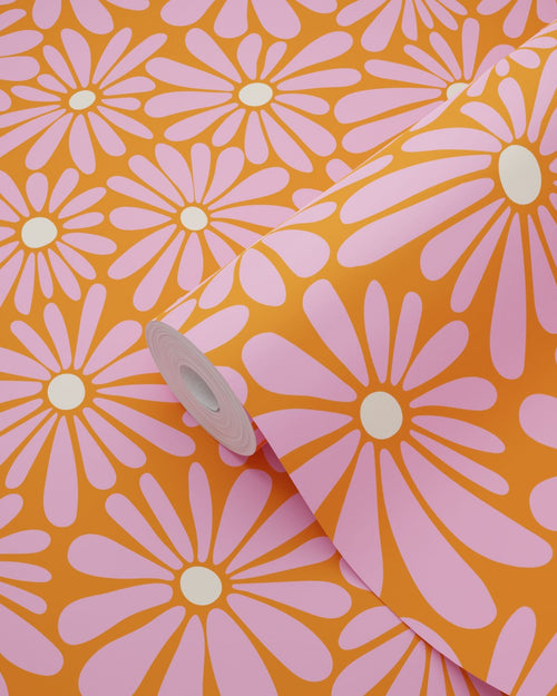 ESTAhome behang madeliefjes roze, oranje en geel - 50 x 900 cm - 131815