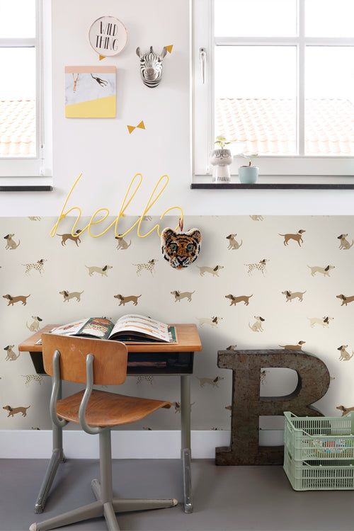 ESTAhome behang honden wit en beige - 50 x 900 cm - 131378