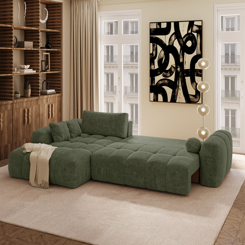 Premium Interiors - Linkshoekbank met slaapfunctie en opbergruimte SKY - kruisbinding  vintage groen 310cm