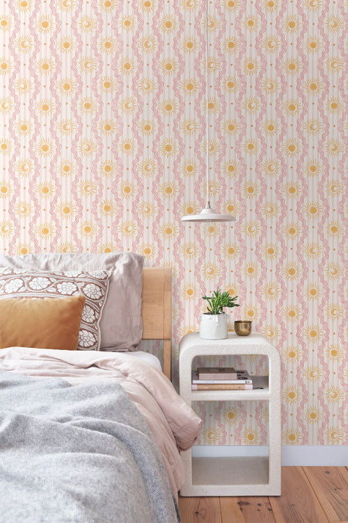 ESTAhome behang retro ornamenten roze, rood en geel - 50 x 900 cm - 132018