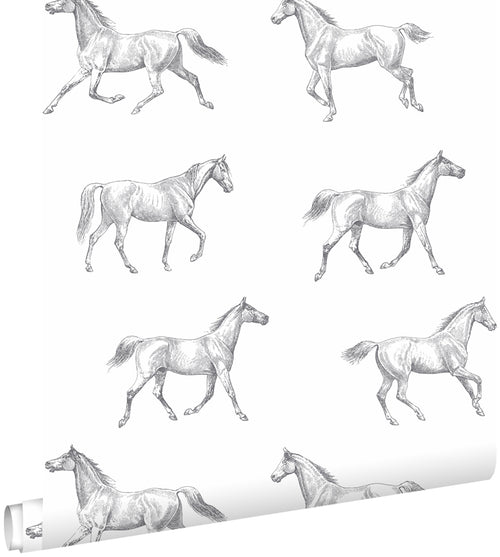 ESTAhome behang getekende paarden zwart op wit - 53 cm x 10.05 m - 128807