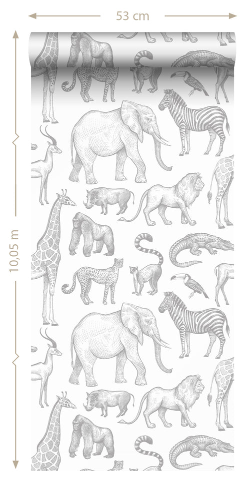 ESTAhome behang jungle dieren wit en grijs - 53 cm x 10.05 m - 139691